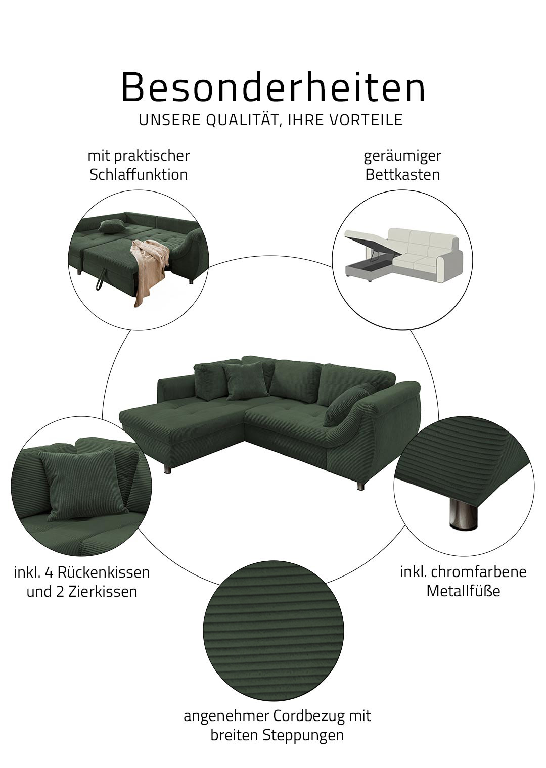 Ecksofa Cord grün Schlaffunktion Bettkasten OT links - LUNARO